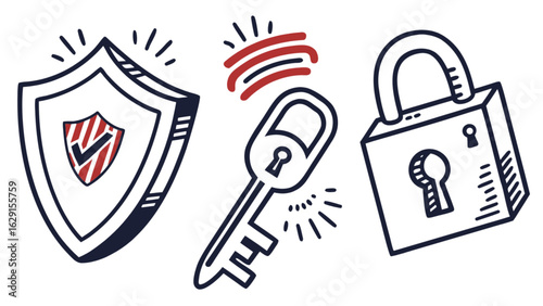 Hand drawn security elements featuring a shield a key and a padlock symbolizing safety and protection