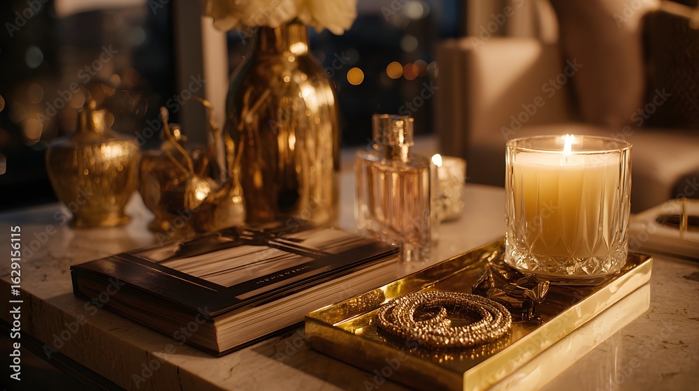 Fototapeta premium Create a cozy atmosphere at home with golden warm lighting. Enjoy a relaxed evening routine in comfort and style.