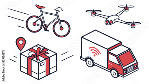 Isometric delivery methods including a bicycle, a drone, a package, and a delivery truck shown