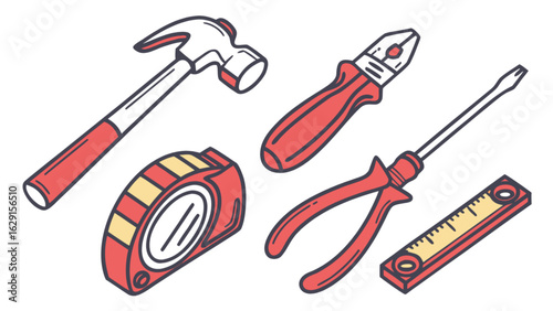 Illustration of a hammer, tape measure, pliers, wire cutters, and level on a white background