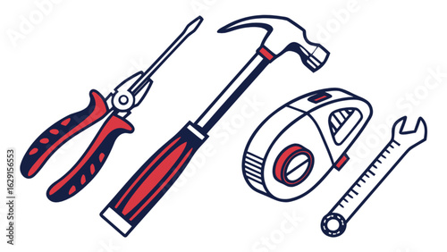 Illustration displaying a hammer, pliers, screwdriver, tape measure, and a wrench on white background