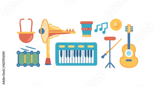 Illustration of various musical instruments including drum, trumpet, keyboard and guitar on white background