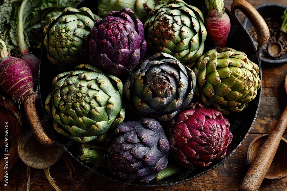 Obraz premium Fresh Artichokes and Radishes in Rustic Bowl on Wooden Table