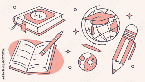 Illustration of books globe pencil and graduation cap representing education and learning materials drawn