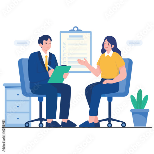 HR Recruitment Illustration. Vector illustration of HR manager interviewing a job applicant in an office with resume evaluation, representing recruitment and employment process. Isolated on background
