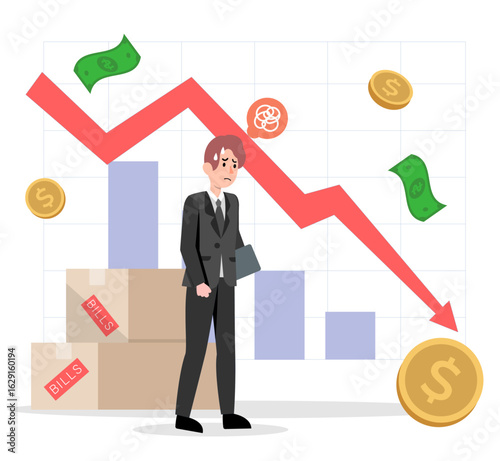 Man Losing All Assets Stocks and Bonds Illustration
