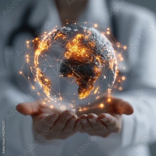 Holographic Earth held by doctor's hands