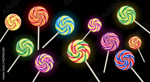 Delicious colorful lollipops candy swirl sweet treat confectionery dessert sugar spiral fun party background 100