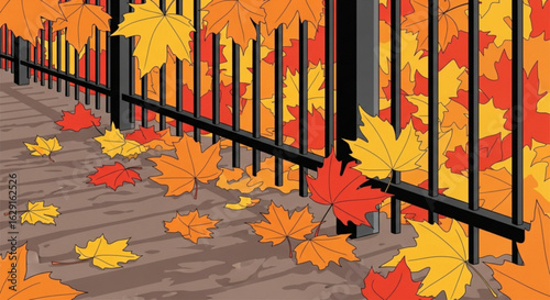 Autumn leaves falling on deck with black railing vector illustration seasonal foliage design for fall decor 100