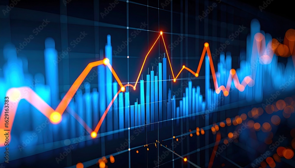 Naklejka premium Abstract financial data visualization with rising and falling line and bar graphs in blue and orange hues