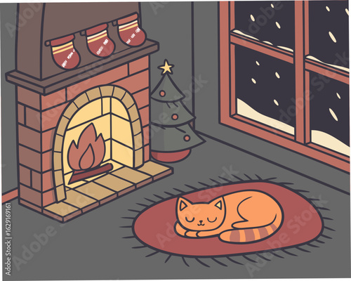 A cat sits on an old wooden window frame, looking out at a vintage stone church
