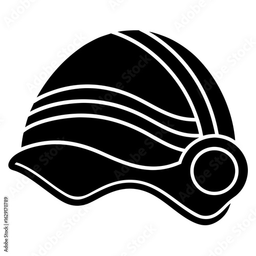Stylized black silhouette of a futuristic helmet with curved lines and a circular ear guard on a white background