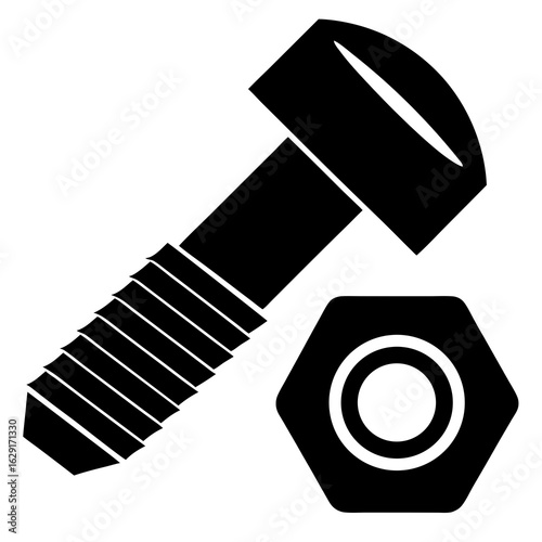 Simple black silhouette of a bolt and a hexagonal nut on a white background representing fastening and construction