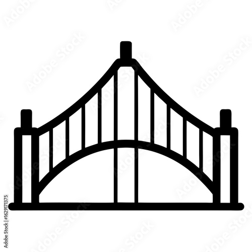 Stylized black and white icon of a suspension bridge with a prominent arch and cable supports