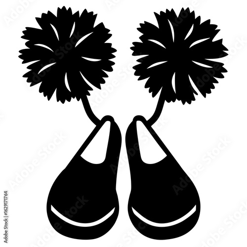 Black silhouette of two pom poms attached to a pair of ballet shoes on a white background