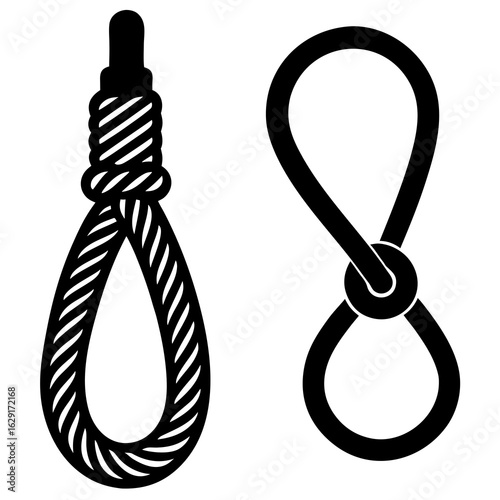 Two black silhouette icons of rope knots one a noose and the other a loop with a metal ring