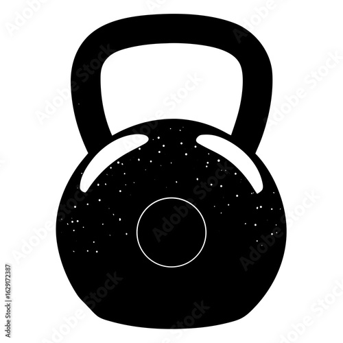 Stylized black kettlebell with a white speckled pattern and a circular design on a white background