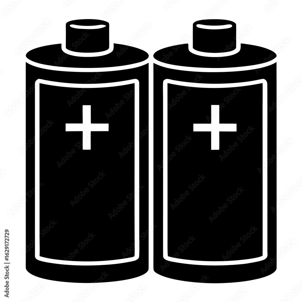 Fototapeta premium Simple black and white graphic illustration of two aa batteries side by side with positive charge symbols