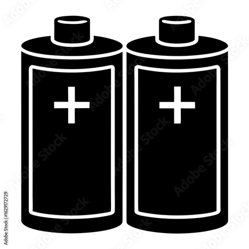 Simple black and white graphic illustration of two aa batteries side by side with positive charge symbols