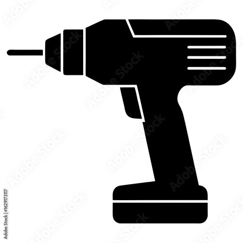 Simple black silhouette icon of a cordless electric drill with a drill bit extended isolated on a white background