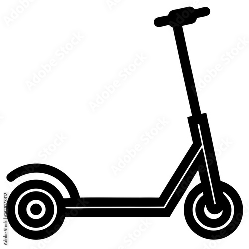 A simple black silhouette of a modern electric scooter with two wheels and a handlebar on a white background