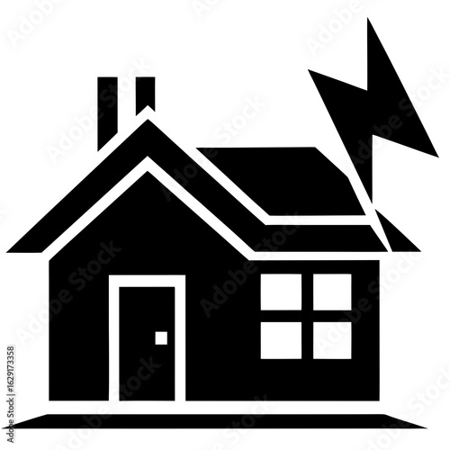 Stylized black silhouette of a house with a lightning bolt striking the roof representing danger or damage
