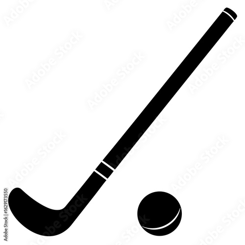 Black silhouette of a hockey stick and a puck on a white background representing the sport of hockey