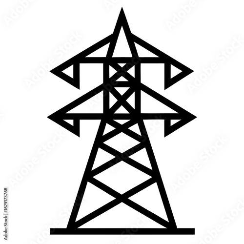 Stylized black and white graphic illustration of a modern electricity pylon tower against a clean white background