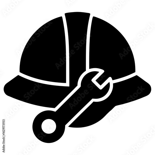 Black silhouette icon of a hard hat with a wrench symbolizing construction safety and skilled labor services