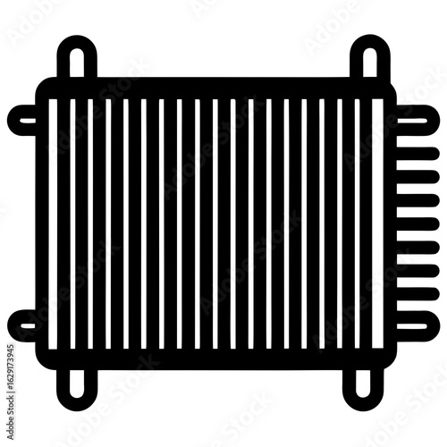 Stylized black and white line art icon of a radiator with rounded corners and vertical fins for heating