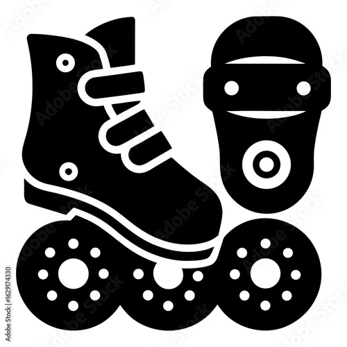 Black silhouette icon of an inline skate with three wheels and a protective helmet for rollerblading and extreme sports