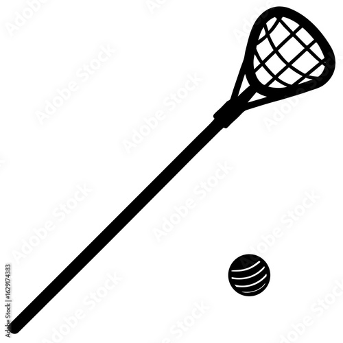 Black silhouette of a lacrosse stick and ball isolated on a white background symbolizing the sport