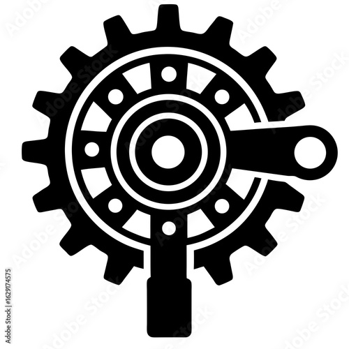 Stylized black silhouette of a bicycle crankset with a single gear and pedal mechanism