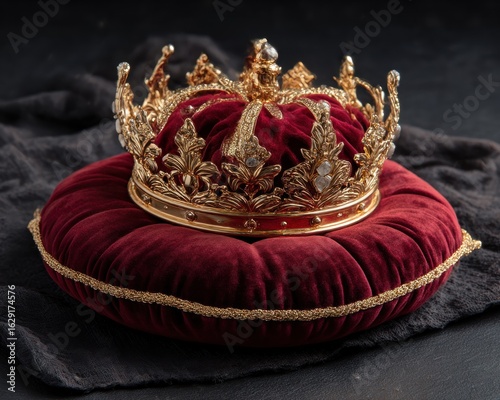 Golden crown on maroon velvet cushion