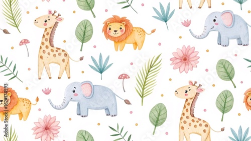 Adorable Watercolor Safari Animals Cute Giraffes Lions Elephants and Jungle Leaves for Baby Nursery Decor Design