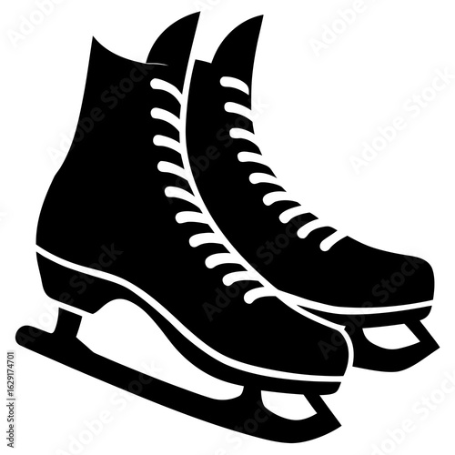 Pair of black silhouette figure skates with white laces and sharp blades on a white background