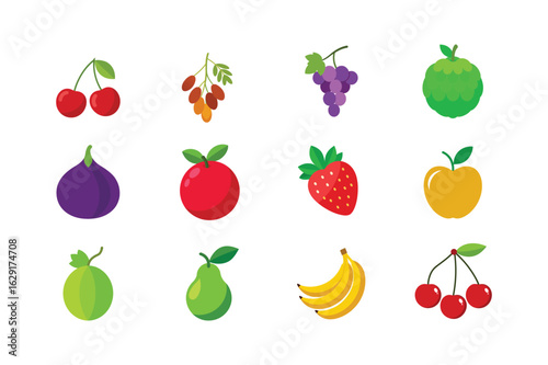 Assorted juicy fruits including citrus and berries in bold colorful art Color Vector illustration