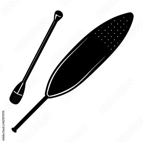 Two black silhouette paddles one for canoeing and one for stand up paddleboarding on white background