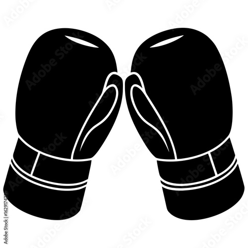 Stylized black silhouette of two boxing gloves facing each other on a white background