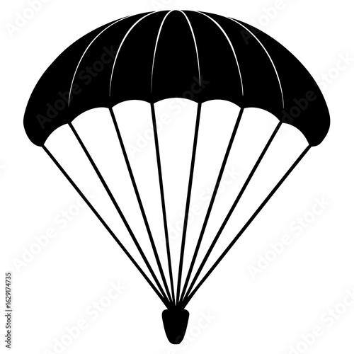 A simple black silhouette of an open parachute with lines connecting the canopy to the harness below