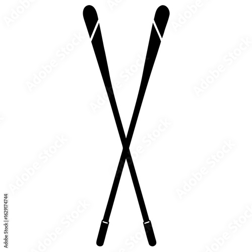 Simple black silhouette of two crossed ski poles with rounded tips and grips on a white background