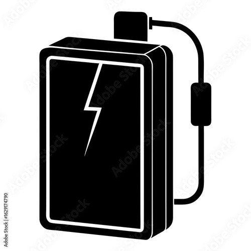 Black silhouette icon of a portable power bank charging with a lightning bolt symbol on its surface
