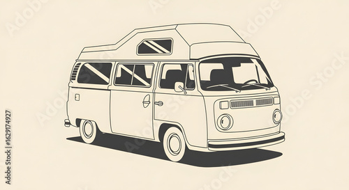 Vintage Beige Camper Van Line Drawing Isolated on Neutral Background