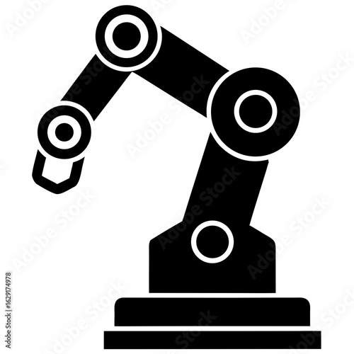 Stylized black silhouette of a robotic arm with multiple articulated joints and a gripper on a white background