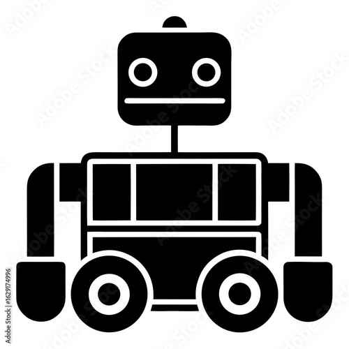 Simple black silhouette of a friendly wheeled robot with a square head and circular eyes on a white background