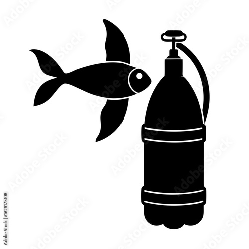 Stylized black silhouette of a fish with large fins swimming next to a scuba diving air tank on a white background
