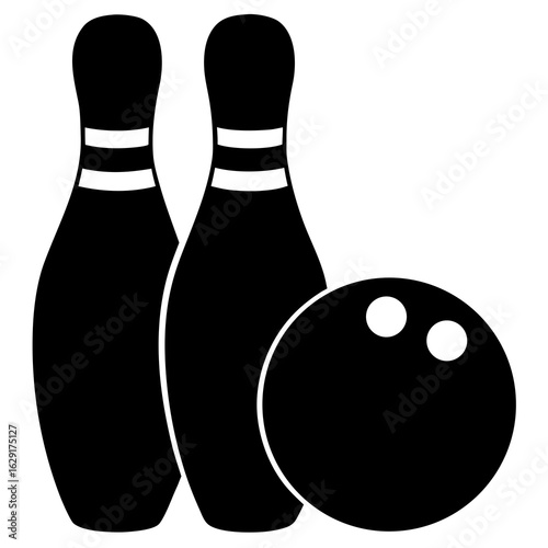 Black silhouette of a bowling ball and two bowling pins with white stripes on a white background