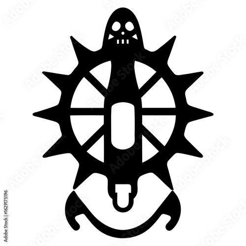 Spooky ghost character with spiked wheel and underneath a decorative element