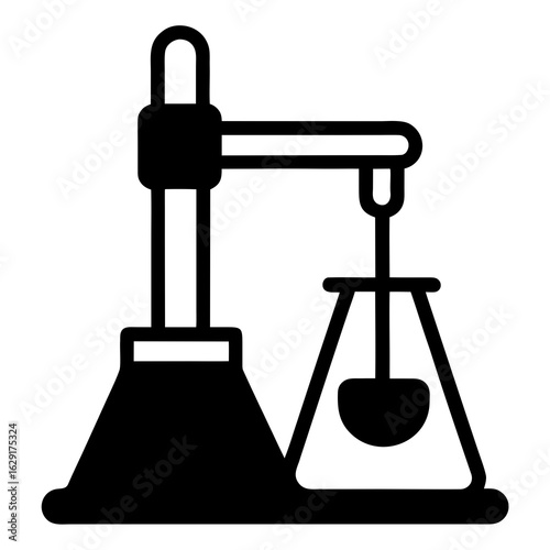 Black and white icon representing a laboratory setup with a stirring apparatus and a conical flask for scientific experiments