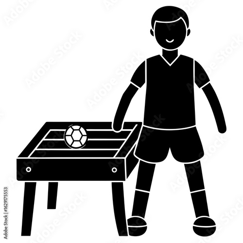 Stylized black silhouette of a smiling boy standing next to a table football game with a soccer ball